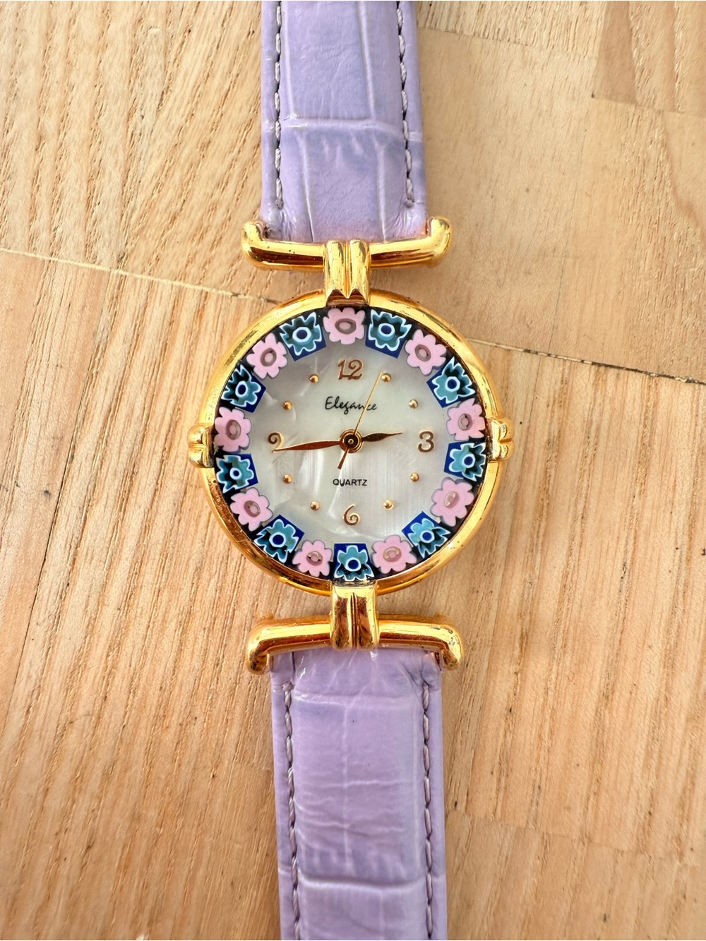Elegance Murano glass gold tone purple leather watch NEW BATTERY